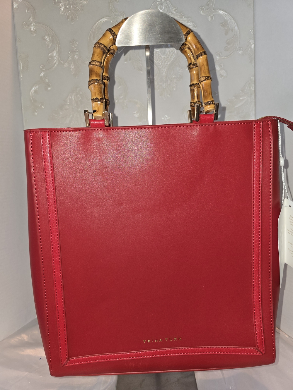 TRINA TURK Red Leather Tote with Bamboo Handles